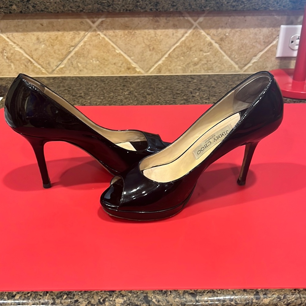 Jimmy Choo black, patent leather, open toe.  Size 37